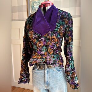 Vintage Floral Velvet Blazer Women’s Small Purple Accents Statement Jacket Retro